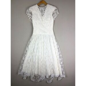 Scott McClintock White Floral Lace Midi Dress Short Wedding Vintage Full Skirt 6